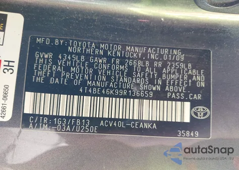 2009 Toyota Camry Le из США, поврежденный, VIN 4T4BE46K99R136659